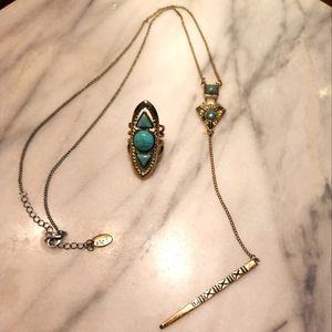 Gold & Turquoise "Y" Necklace and Sz 7 Ring